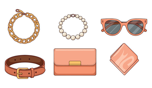 Stylish fashion accessories collection featuring necklace, bracelet, sunglasses, belt, clutch, scarf