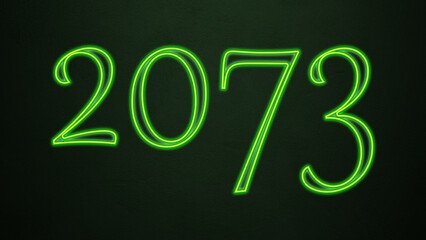 Neon glowing green number design of 2073 on dark background.