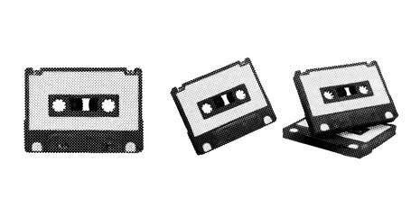 Fototapeta premium Retro black and white cassette tape collection in halftone style