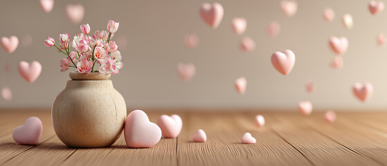 A charming wooden vase holds delicate pink flowers, surrounded by floating heart shapes, creating a romantic and serene atmosphere.
