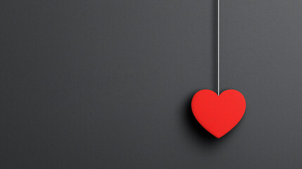 A vibrant red heart hangs against a textured gray wall, symbolizing love and affection in a minimalist design.