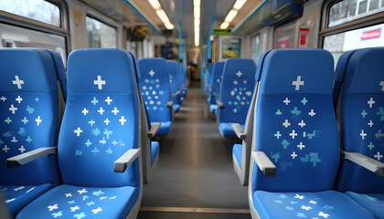 Obraz premium Cross stickers applied on seats in a train in Bangkok, Thailand for social distancing rules