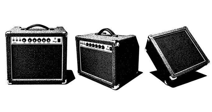 Vintage guitar amplifiers trio in black and white graphic art