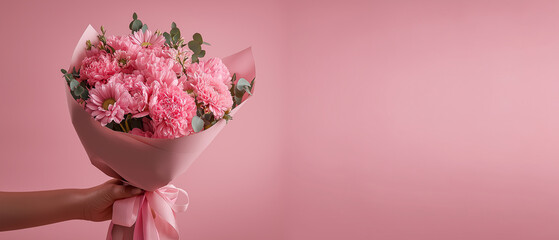 A beautiful bouquet of pink flowers held against a soft pink background, perfect for special occasions or as a thoughtful gift.