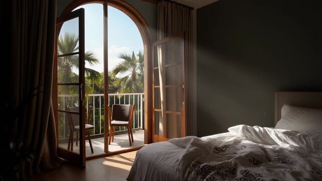 Sunlight streams into a tranquil bedroom through an open arched window in the morning. An unmade bed suggests a peaceful awakening at a luxury tropical resort or hotel