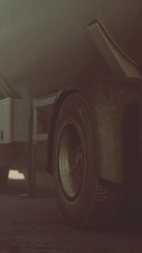 closeup truck wheel undercarriage, dim light reveals worn tire, rusted chassis, hanging mudflap over cracked asphalt, oil stains and gritty grime