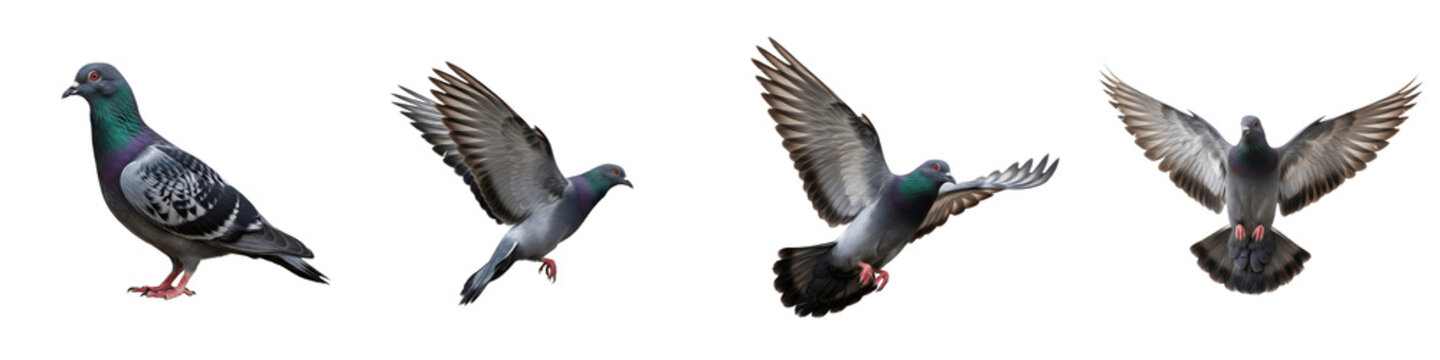 Common Wood Pigeon and Rock Dove Set Isolated on White Background, Flying and Standing Poses, Columba Palumbus and Columba Livia, Transparent PNG Wildlife Clipart Pack