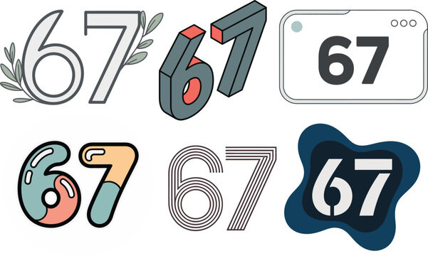 Number 67 in colorful styles with balloons feathers and bold fonts