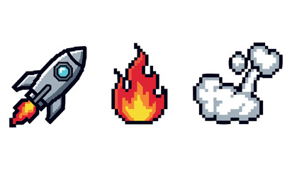Fototapeta na wymiar Pixel art rocket, fire, and smoke: retro video game style elements