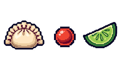 Pixel art dumpling, red sauce, and lime slice on white background