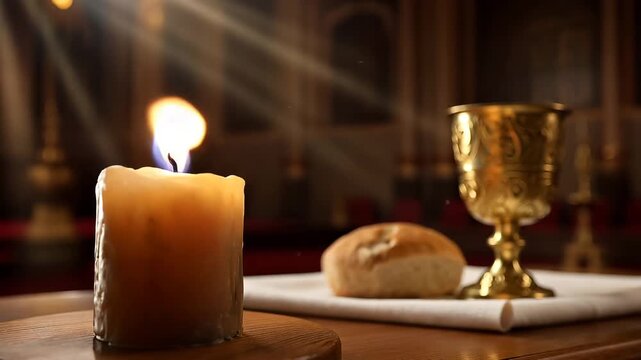 Eucharist altar with a lit candle in the foreground. Blurred golden chalice and bread on white linen. Volumetric light rays in a church sanctuary. Holy communion and faith concept