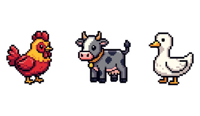 Obraz premium Pixel art farm animals: chicken, cow, and duck in 8-bit style