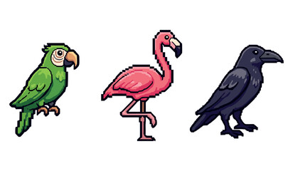 Obraz premium Pixel art parrot, flamingo, and raven in vibrant colors
