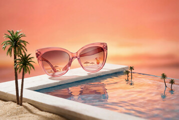 Pink Cat-Eye Sunglasses Reflecting Umbrellas by Infinity Pool