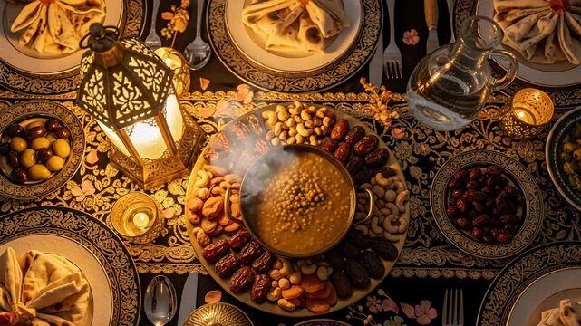 Festive ramadan iftar dinner table setting with a lantern, bowl of soup, nuts, dates, and other food arranged on a patterned cloth
