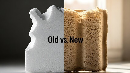 Sustainable packaging material comparison showing traditional foam versus natural plant fibers