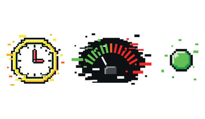Fototapeta premium Pixel art speed concepts: clock, speedometer, and green gem icons