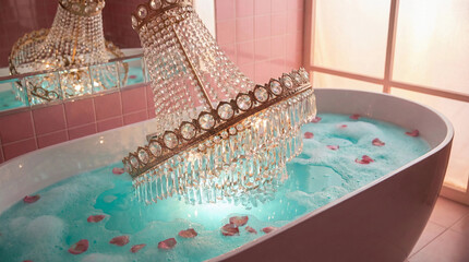 Crystal Chandelier Sinking in Pink Bathtub with Bubbles and Petals