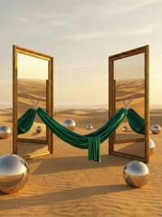 Green Hammock Stretched Between Gold Frames in Desert with Silver Balls