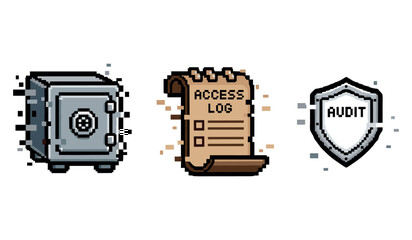 Pixel art icons: safe, access log, audit shield for security management
