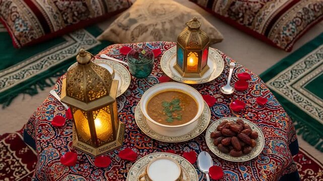 A beautiful traditional ramadan iftar dinner setting with decorative lanterns, lentil soup, and dates ready for the meal