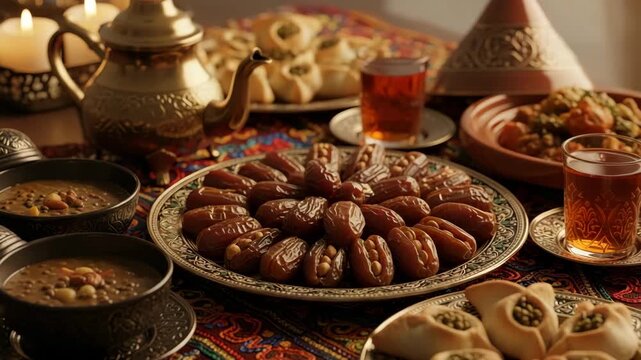 Iftar spread with dates, lentil soup in bowls and teapot with glasses of tea for Ramadan evening meal concept
