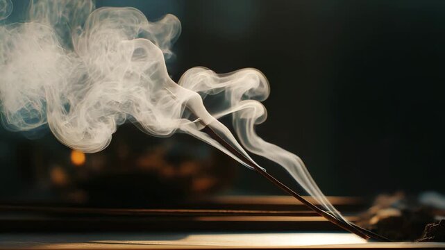 Incense sticks burning with smoke rising in slow motion. Swirling ethereal smoke trails against a dark background. Aromatherapy and zen meditation concept