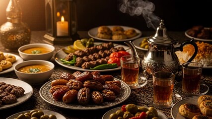 Iftar food table with dates, soup, meat skewers, and hot tea pouring for breaking fast during ramadan