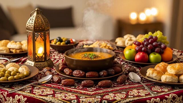 Traditional iftar spread with steaming lentil soup, decorative lantern, dates, olives, fruit, and bread on a patterned tablecloth for Ramadan celebration
