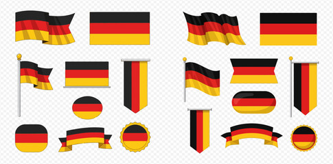 Set of German flag designs in various shapes and forms, including waving, rectangular, and round.