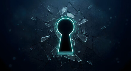 Futuristic cyber security breach concept with glowing neon keyhole on cracked dark wall with shattered glass pieces representing data theft hacker attack and digital system threat