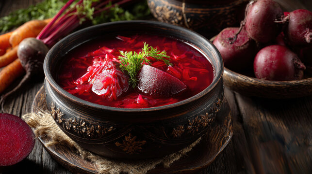 Traditional hearty beetroot borscht soup with fresh dill and vegetables served in a rustic ornate ceramic bowl on a dark wooden table with raw beetroots and carrots for a healthy winter meal concept - Powered by Adobe