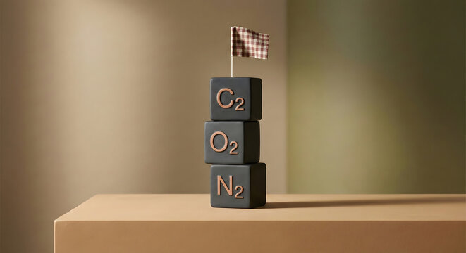 Stacked chemical element blocks CO2 O2 N2 on wooden surface minimalist science concept
