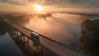 Fototapeta premium Tracking aerial shot of semi truck driving on bridge over river during sunrise with light streaks and fog on the water followed by other trucks.