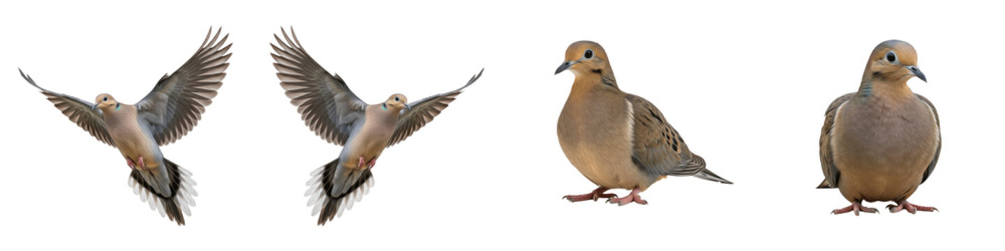 Mourning Dove Bird Set Isolated on White Background, Zenaida Macroura in Flight and Perching Poses, Small Tan Songbird, Transparent PNG Wildlife Clipart Collection