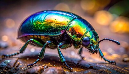 Fototapeta premium macro of a beetle with iridescent shell reflecting natural surroundings
