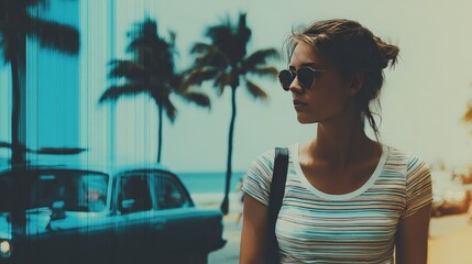 Trendy Young Woman in Sunglasses Stands by Oceanfront with Vintage Car and Palm Trees