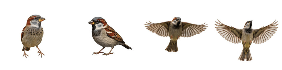 House Sparrow Bird Set Isolated on White Background, Passer Domesticus in Flight and Perching...