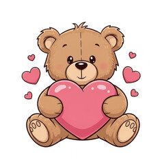 Adorable brown bear holding a large pink heart with smaller hearts floating around isolated on transparent background