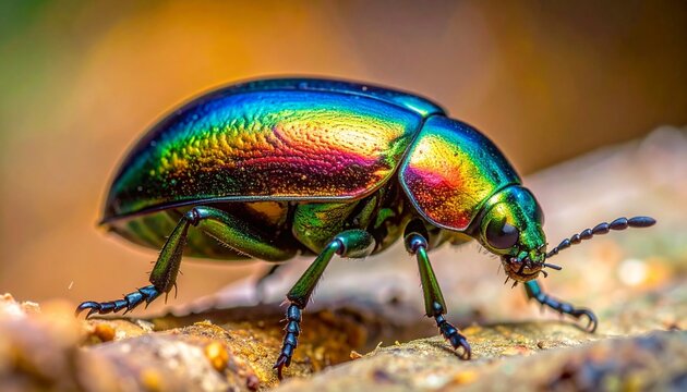 macro of a beetle with iridescent shell reflecting natural surroundings