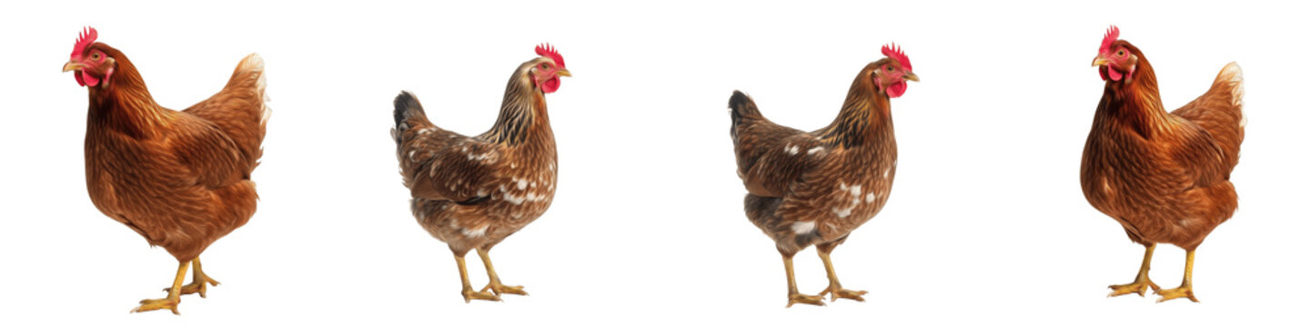Brown Rhode Island Red Hen Chicken Set Isolated on White Background, Domestic Farm Poultry Standing Poses, Transparent PNG Livestock Clipart for Design and Branding