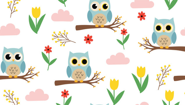 Cute cartoon owl with flowers and clouds seamless pattern background for kids nursery fabric, wallpaper and playful textile design