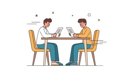 Fototapeta premium Two young caucasian males reading papers at a table in a minimalist setting
