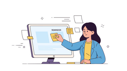 Obraz premium Young female working on computer with sticky notes for task management