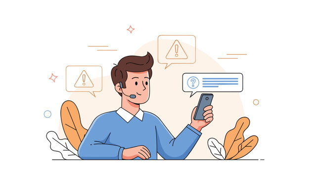 Young caucasian male customer support agent with headset answering queries on smartphone