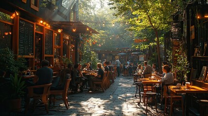 Obraz premium Outdoor café filled with sunlight, greenery, and people enjoying coffee and pastries.