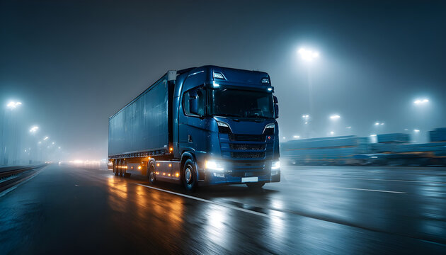 Blue Long Haul Semi-Truck with Cargo Trailer Full of Goods Travels At Night on the Freeway Road, Driving Across Continent Through Rain, Fog, Snow. Industrial Warehouses Area. Front Following Shot