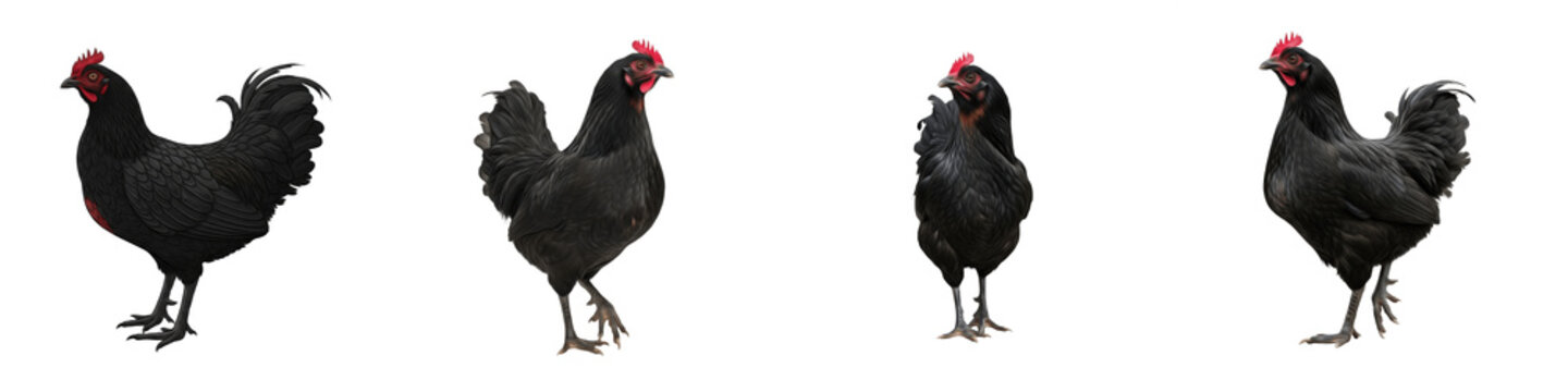 Black Australorp Hen Chicken Set Isolated on White Background, Domestic Farm Poultry Standing and Walking Poses, Transparent PNG Livestock Design Clipart Pack