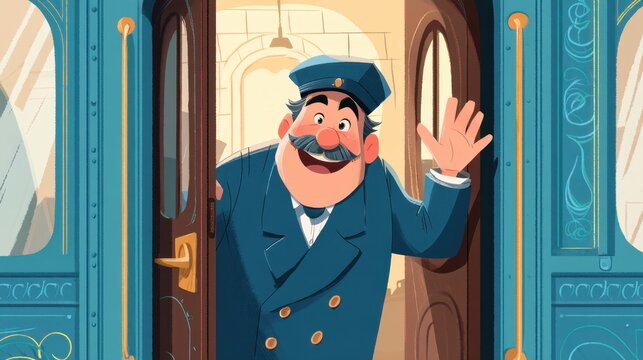 Cheerful train conductor greeting passengers on a bright sunny day