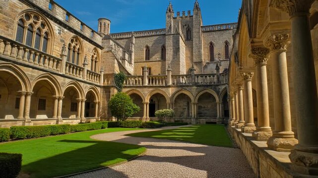 Sunlit courtyard of an ancient european monastery with classic gothic architecture. Stone archways and columns surround a peaceful green lawn and gravel paths on a summer day